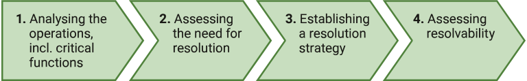 The 4 steps of the Resolutionprocess: 1-Analysing the operations, 2-Assessing the need for resolution, 3-Establishing a resolution strategy, 4: Assessing resolvability