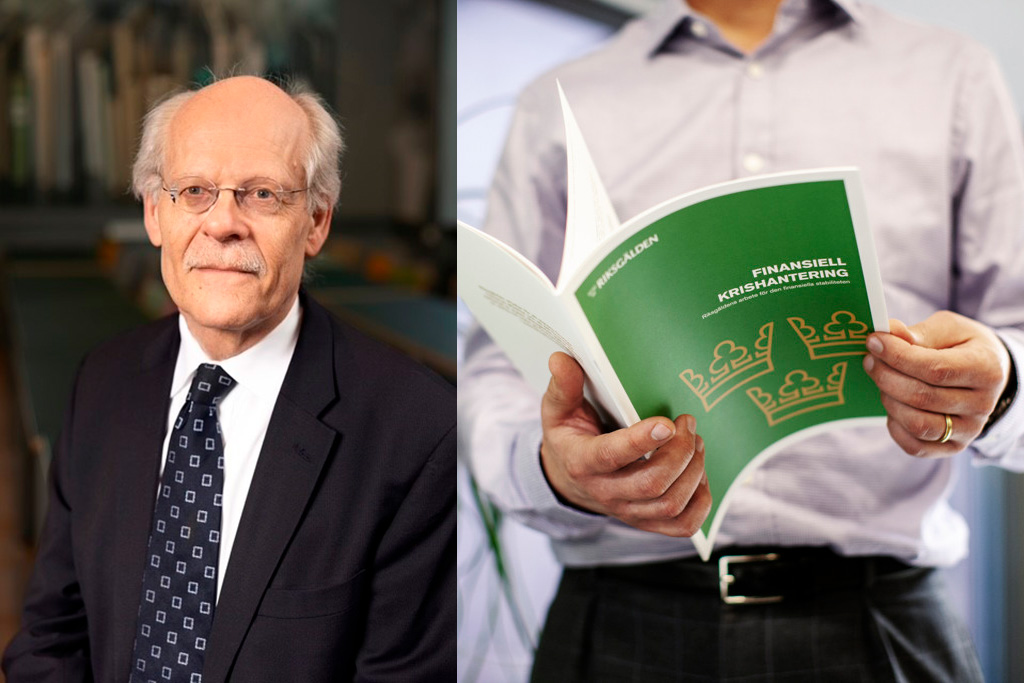 Porträtt på Stefan Ingves och bakgrundsbild på en person som bläddrar i en grön rapport som det står Finansiell krishantering på.