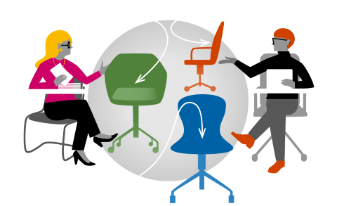 Illustration: Två personer sitter på stolar och tittar på lediga stolar bredvid sig