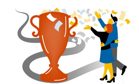 Illustration: Ett äldre par står och tittar på en stor vinstpokal