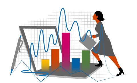 Illustration: En kvinna som går över en statistisk graf
