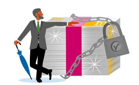 Illustration Man som står vid en hög med sedlar