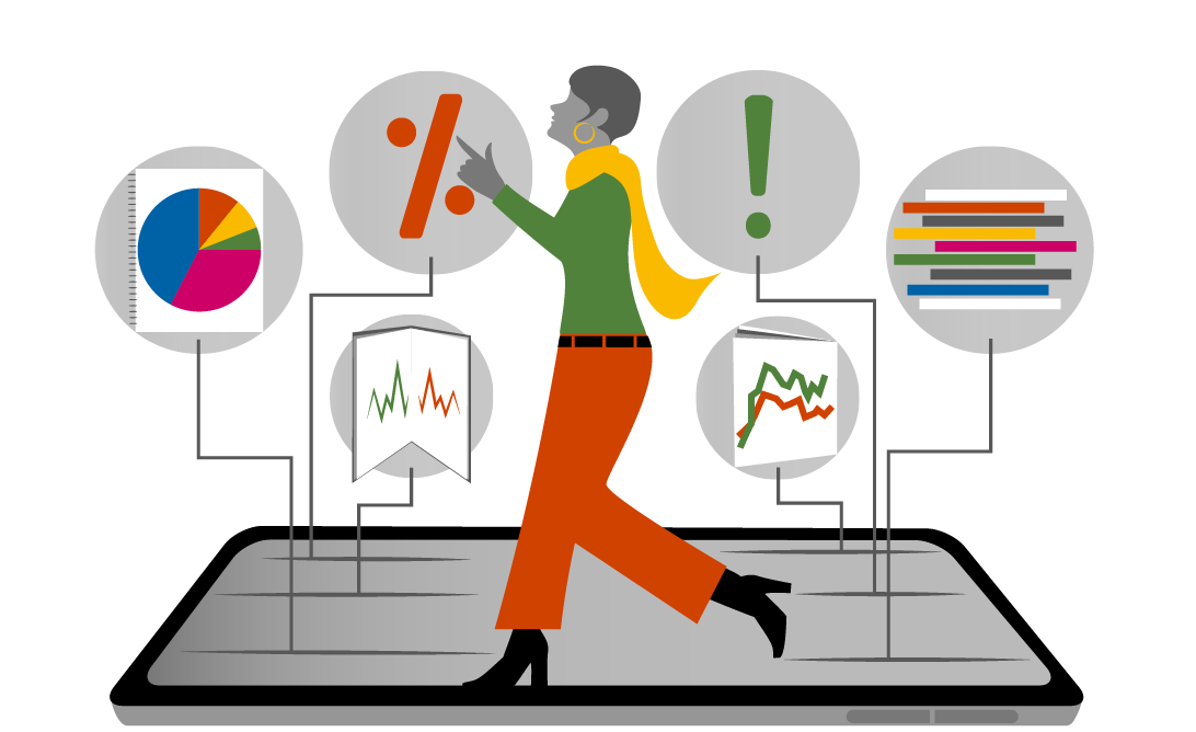 Illustration - Person som går på en läsplatta med flera diagram flytandes runt sig i luften